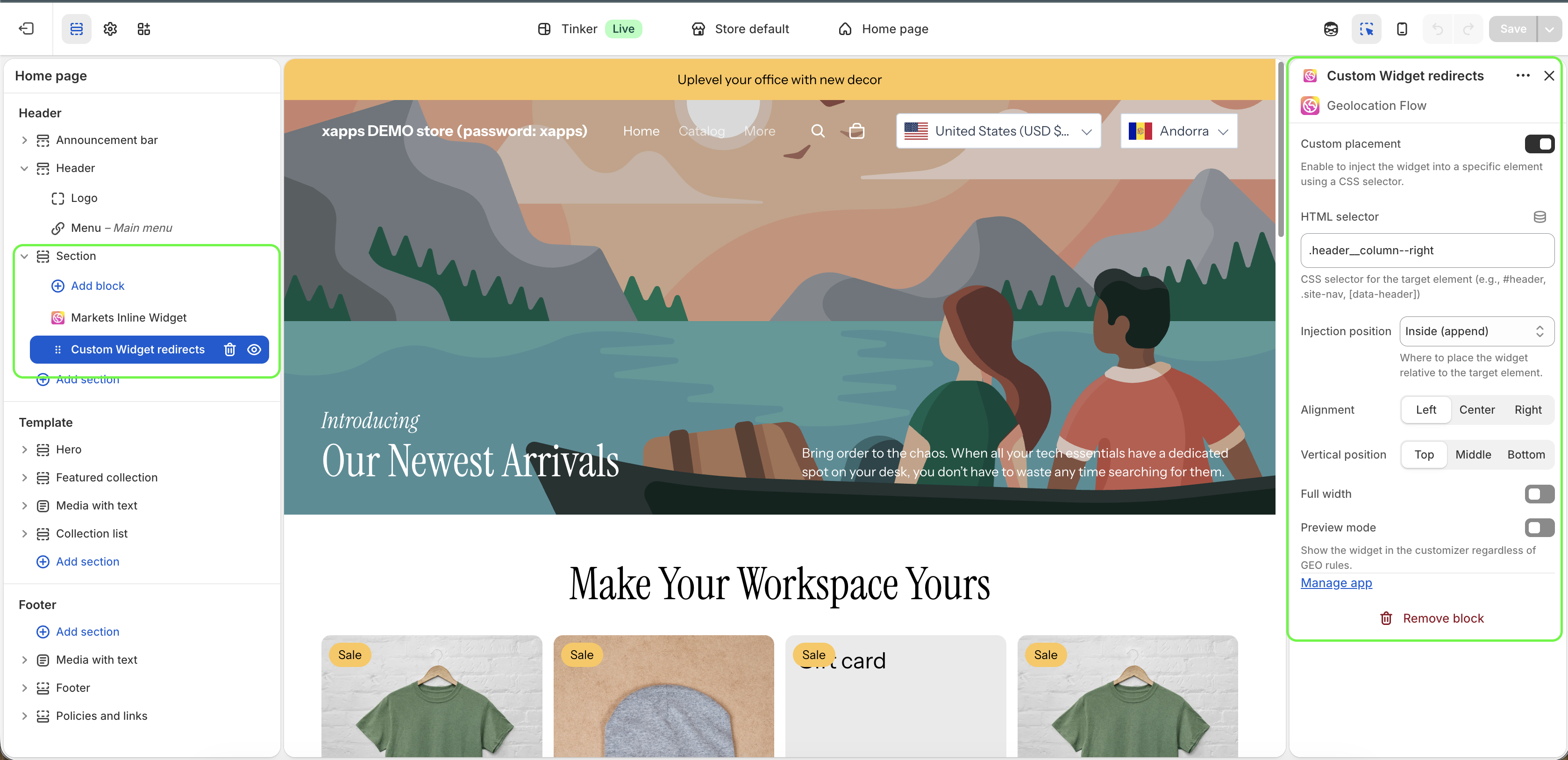 Custom Widget redirects app block settings panel in the Shopify theme editor