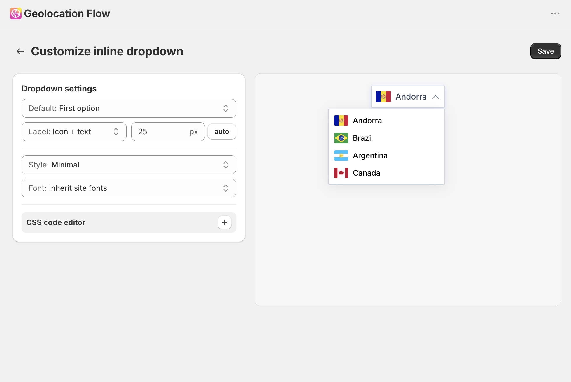 Customize inline dropdown panel showing default selection, label, style, font, and CSS code editor settings