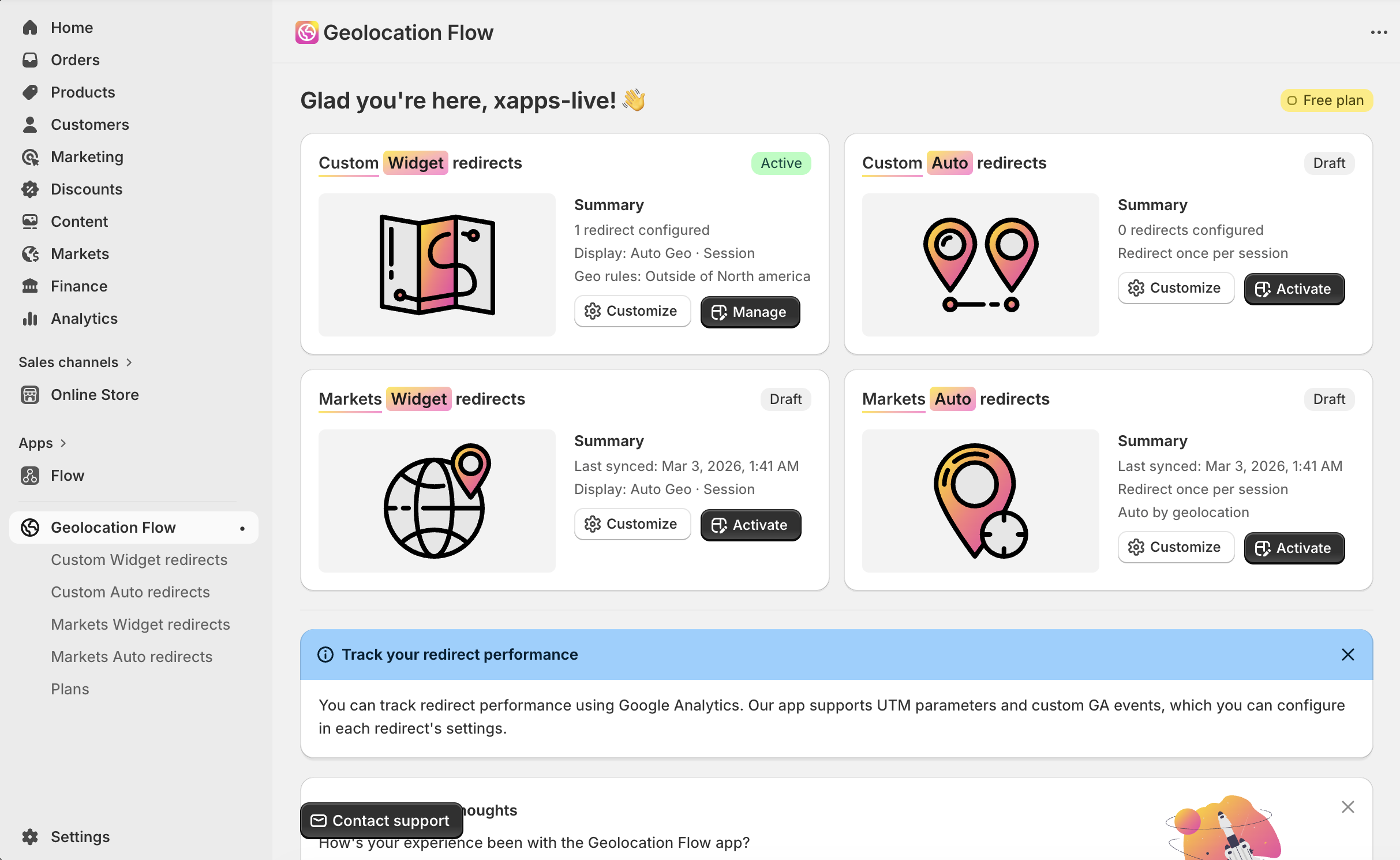 Geolocation Flow dashboard home page showing the 4 redirect type cards