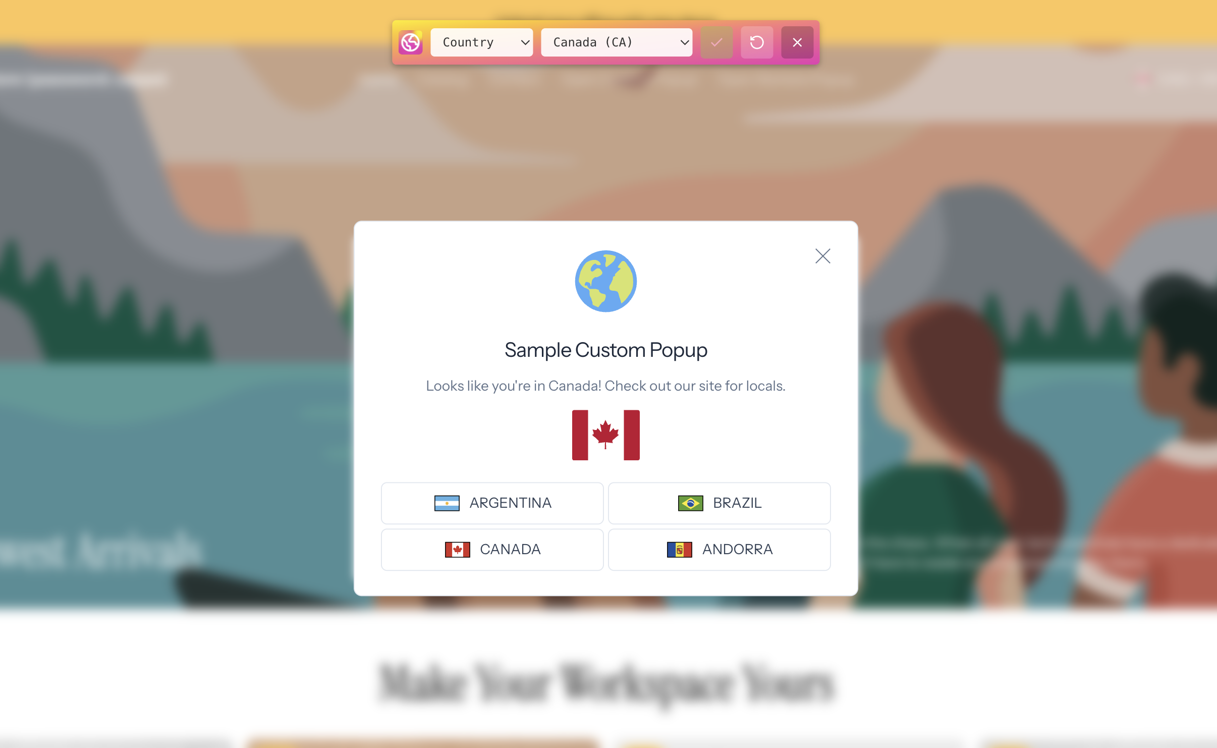 Geo Simulator overlay on a storefront showing the country selector