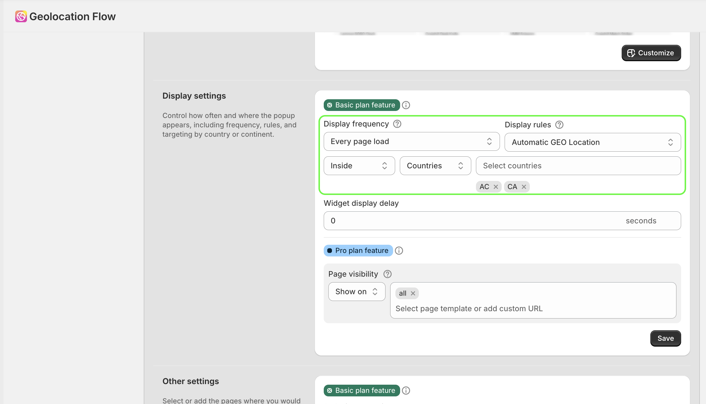 Geo targeting settings showing Inside/Outside toggle with country selector