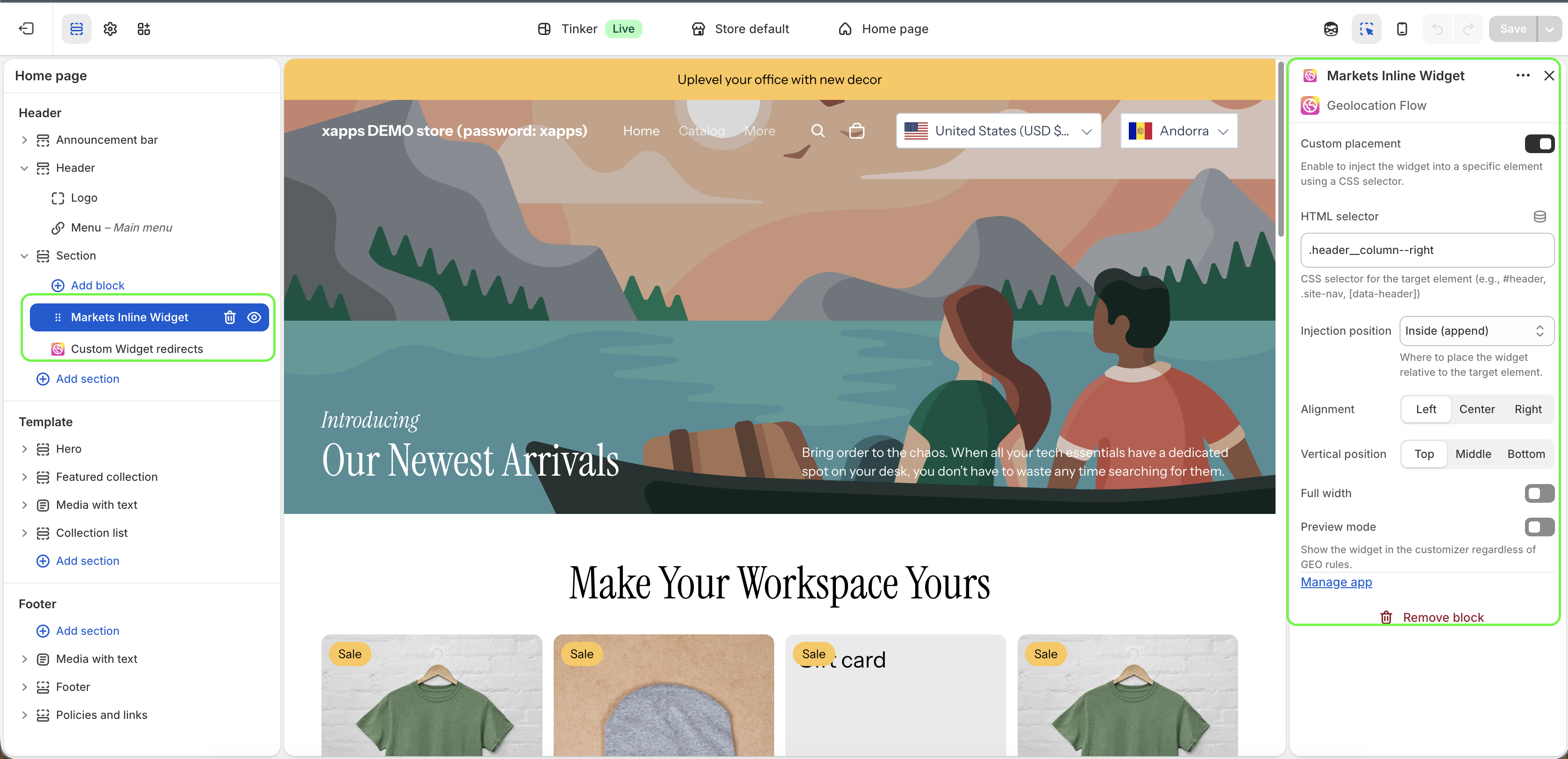 Markets Inline Widget app block settings panel in the Shopify theme editor