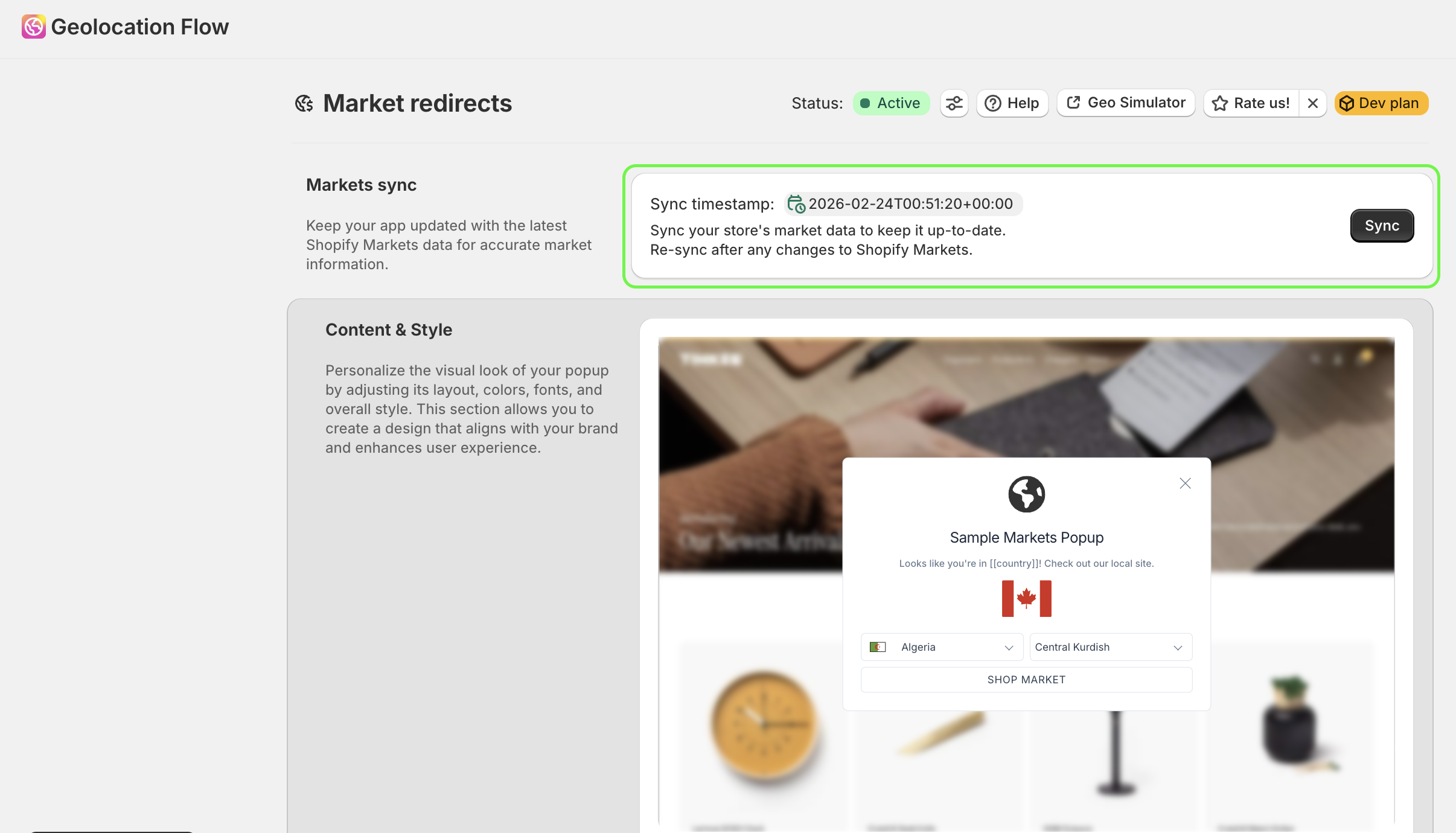Markets sync section showing the Sync button and last sync timestamp