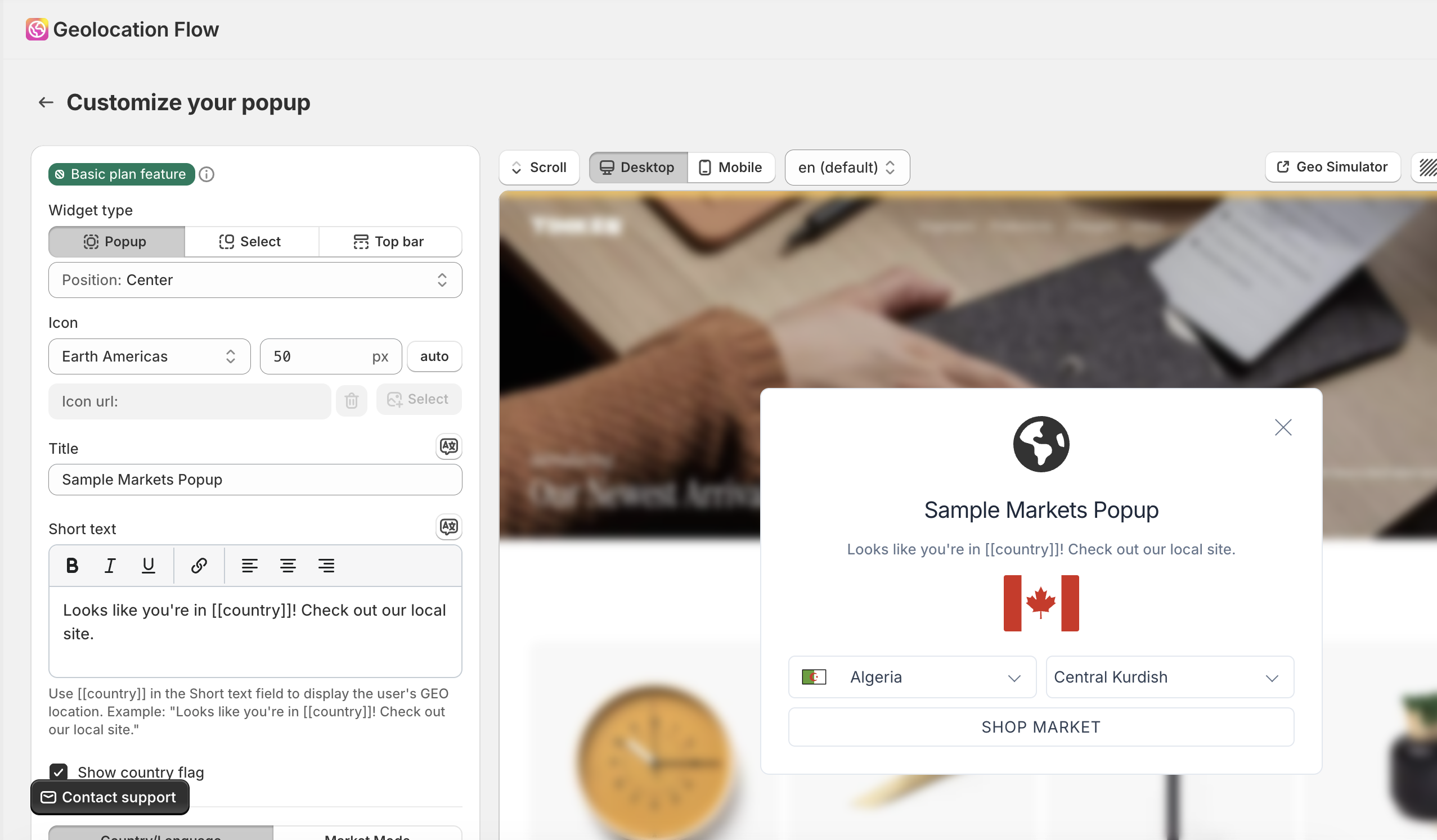 Markets widget popup showing country and language selectors with flags