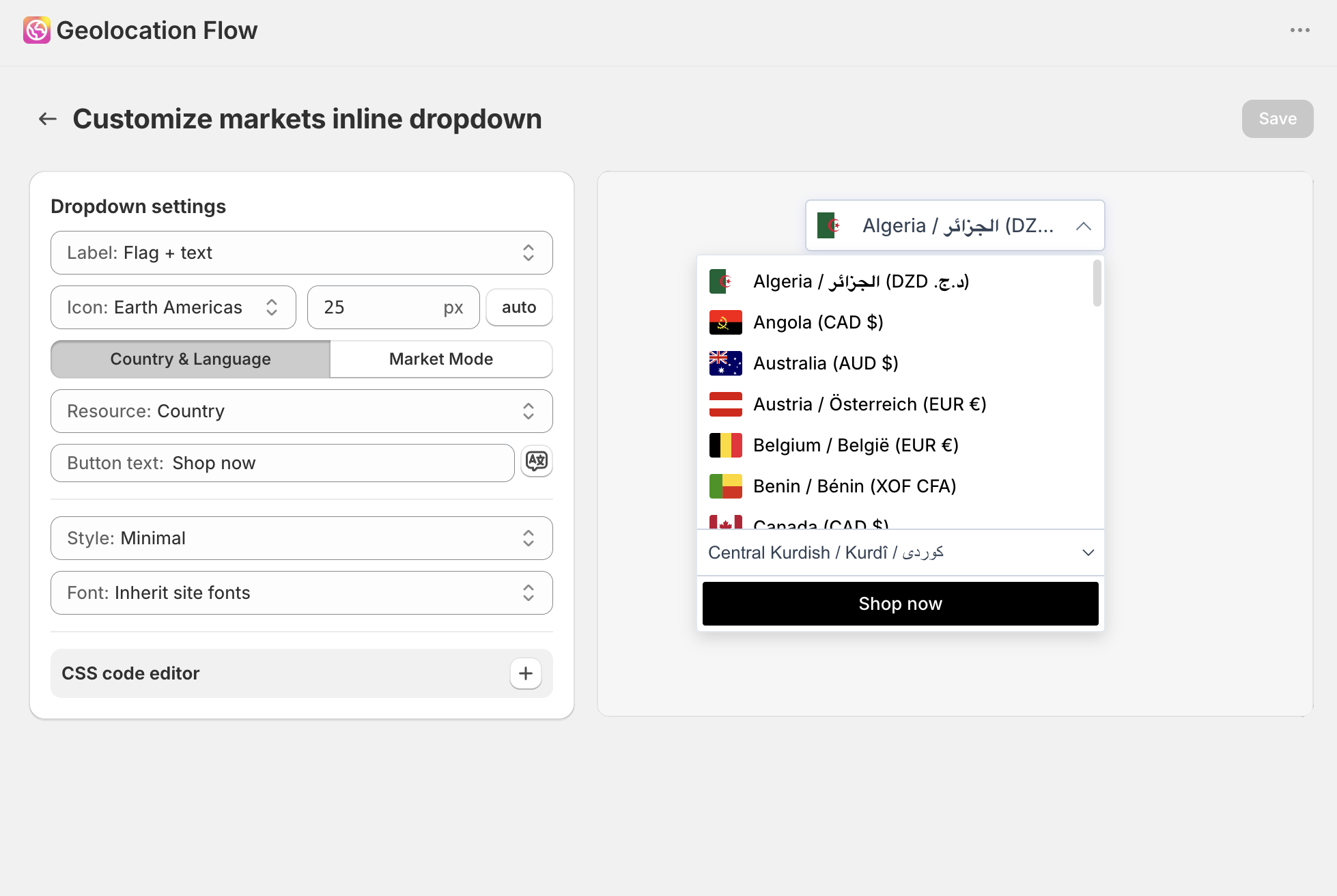 Customize markets inline dropdown panel showing label format, icon, country & language mode, button text, style, and font settings