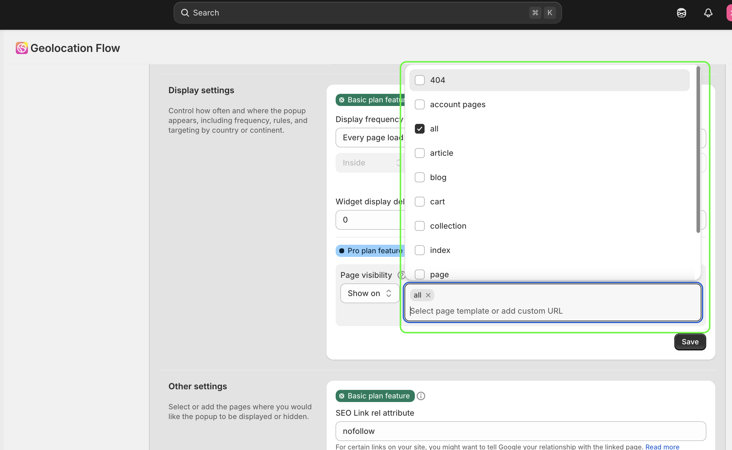 Page visibility settings showing template checkboxes and show/hide toggle