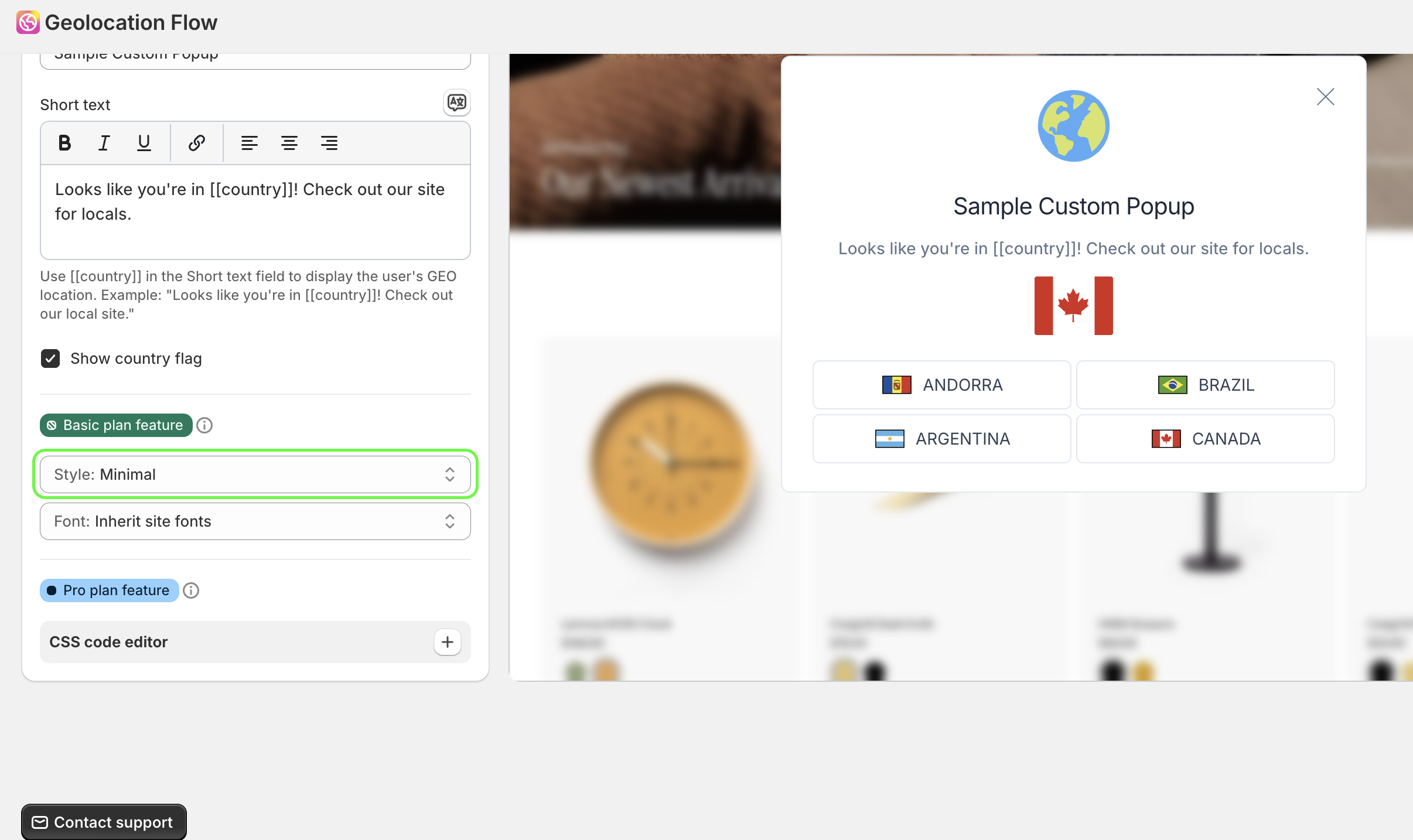 Template picker showing Default, Modern, Minimal, Rounded, Glass, and Dark options