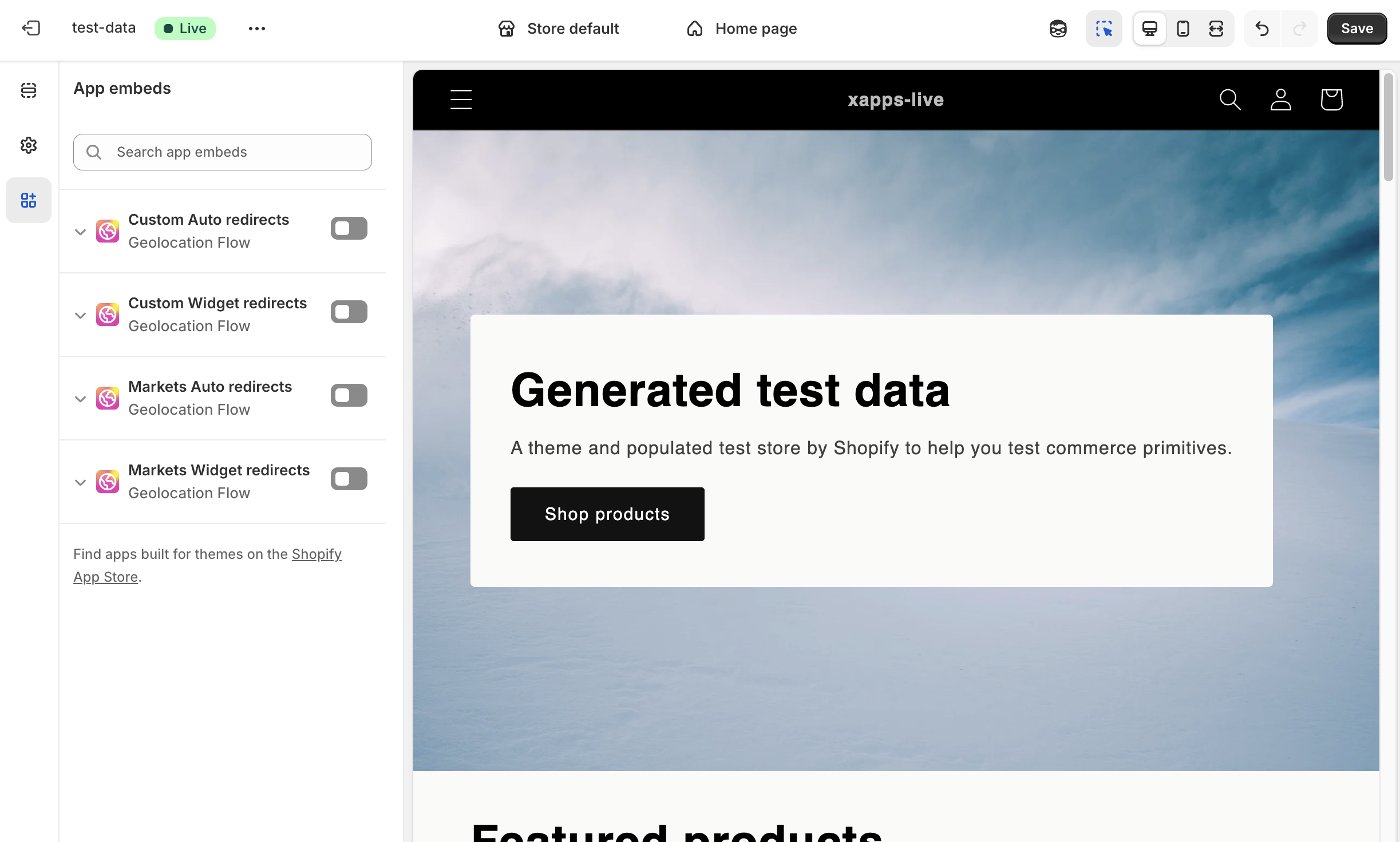Theme editor App embeds panel showing xapps toggles