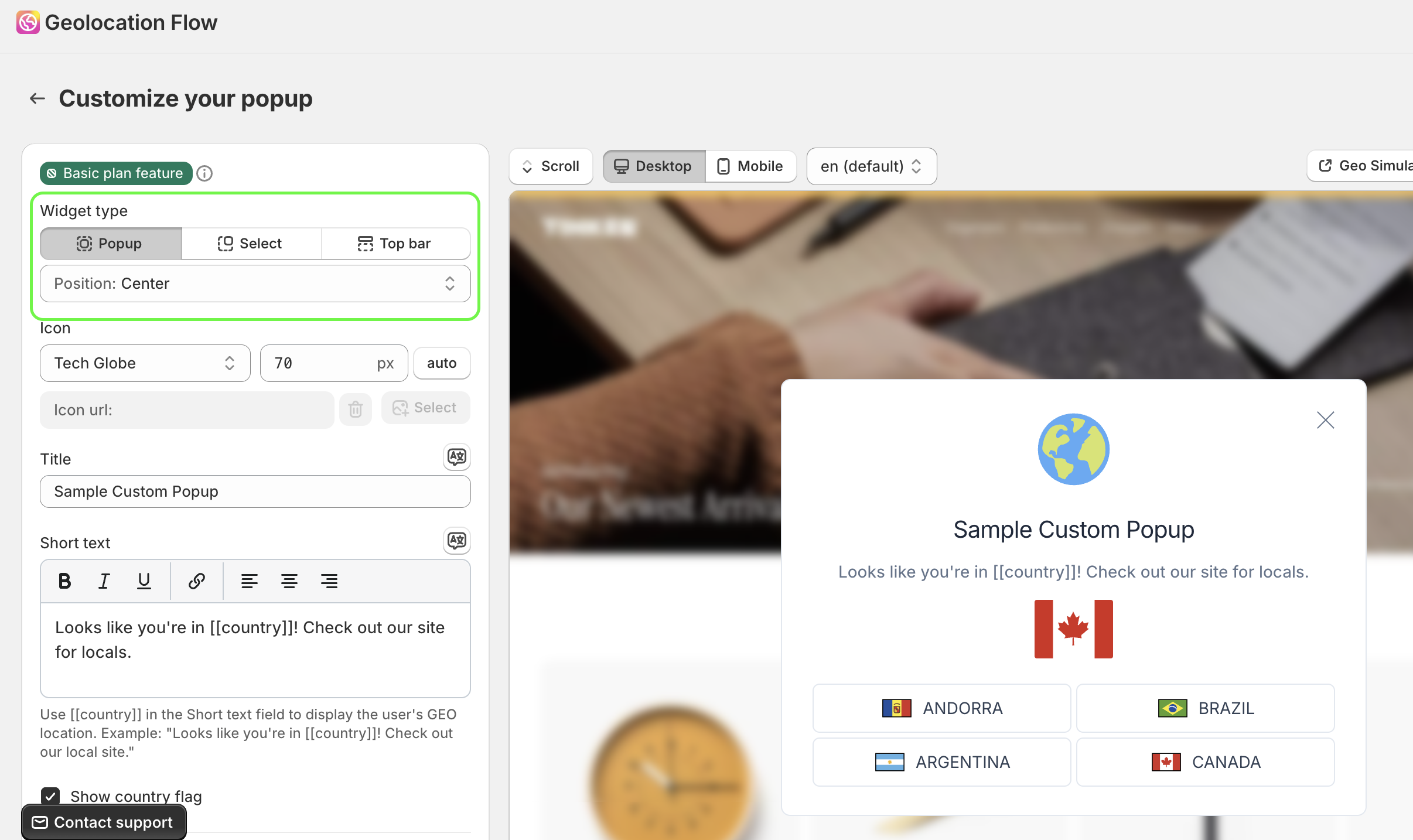 The three widget types — popup, top bar, and select